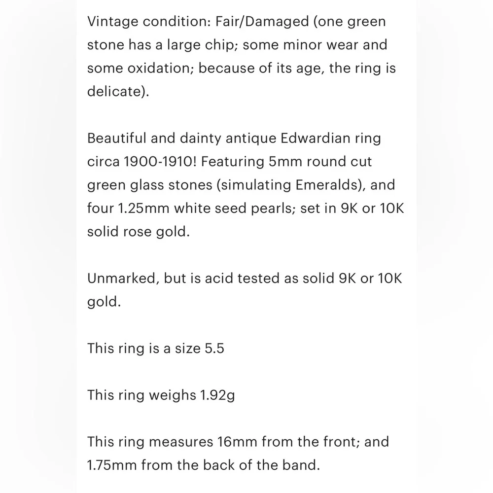 Antique Edwardian 10K Green Ring, Size 5.5, Rose Gold, Navette - Picture 8 of 17